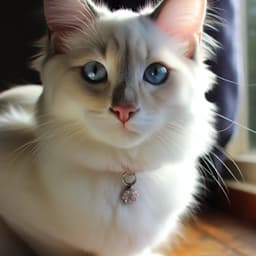 A photograph of a white Siamese cat